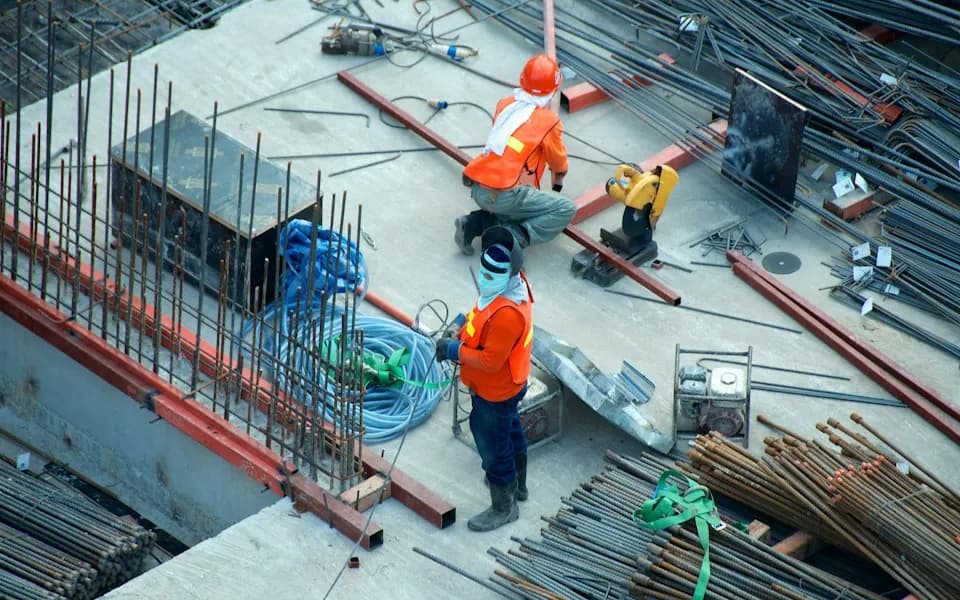 Steel framework and materials at a construction site