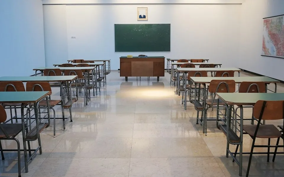 Classroom desks in a school